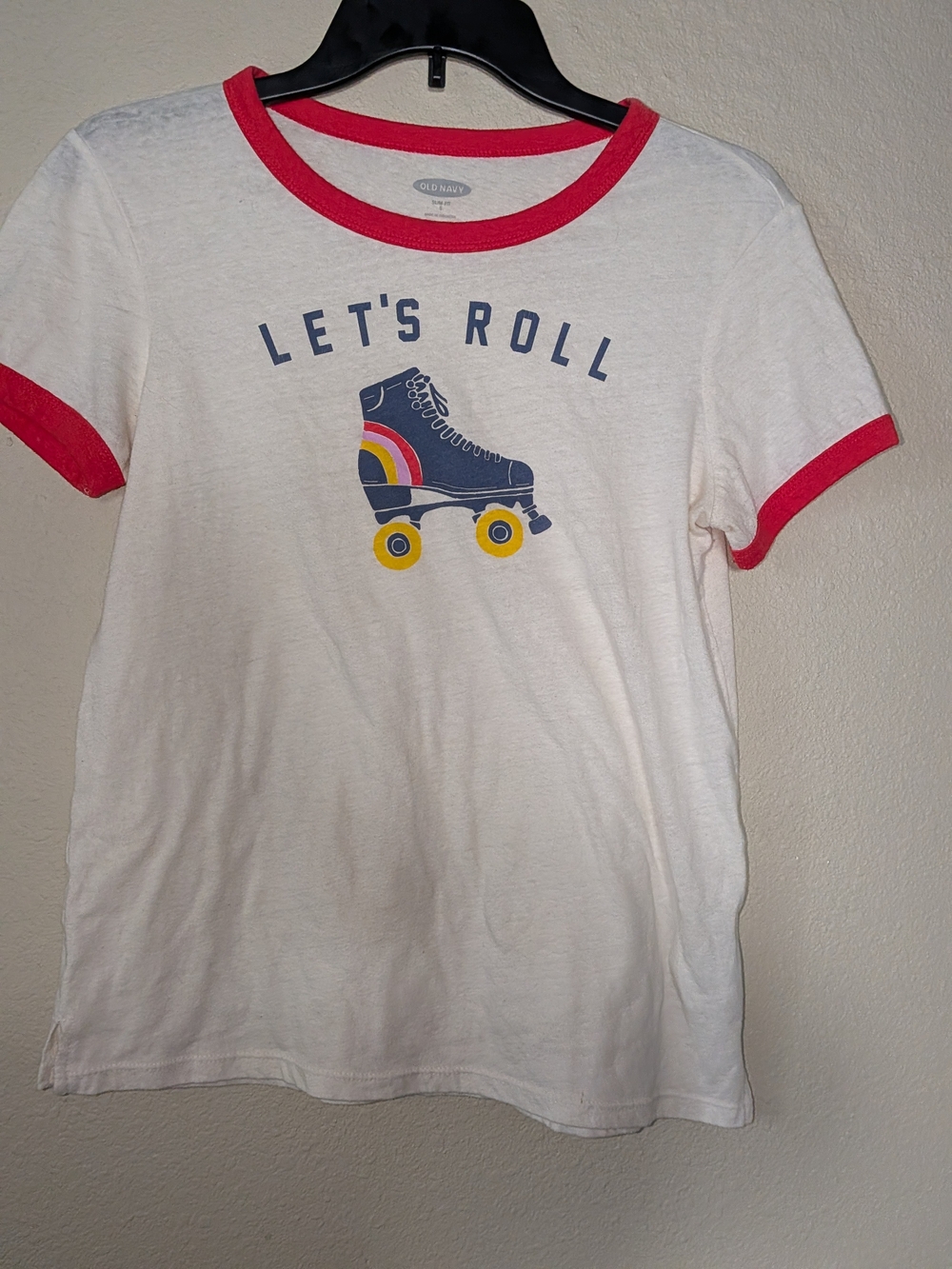 Old Navy White Ringer Tee with Red Trim and Roller Skate Graphic